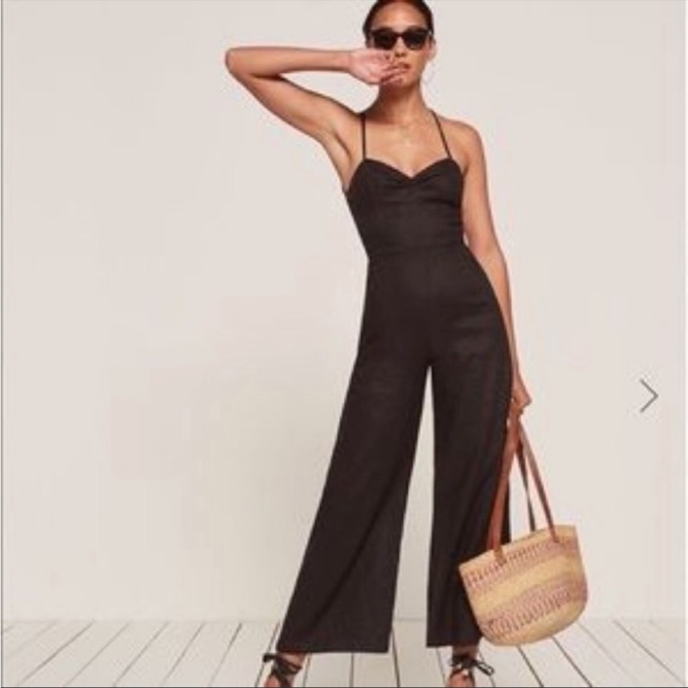 Reformation Oregano Black Linen Cropped Jumpsuit
